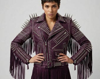 Studded Leather Biker Jacket with Fringe, Punk Rock Statement Style