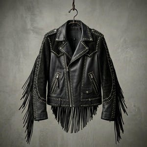 Nietenbesetzte Lederfransen-Westernjacke, zweifarbige Rodeo Biker-Oberbekleidung