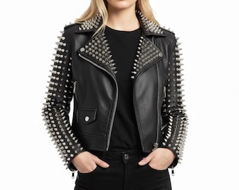 Cropped Studded Black Leather Biker Jacket | Moto Punk Streetwear