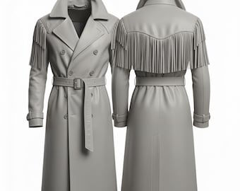 Grey Leather Fringe Western Coat - Handcrafted Cowboy Style