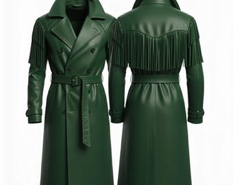 Green Leather Fringe Jacket Men's - Handcrafted Western Cowboy Coat