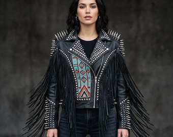 Veste en cuir avec empiècement perlé fait main, streetwear motard clouté et franges