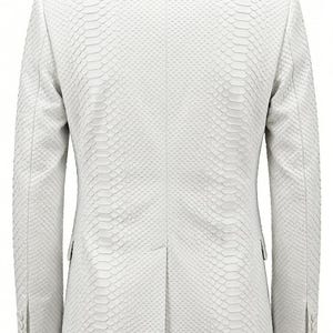 May include: A white blazer with a snakeskin pattern. The back view of the jacket shows a tailored fit with a two-button closure and notched lapels. The sleeves have buttoned cuffs. The blazer is made of a textured material.