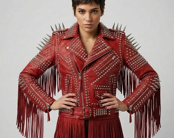 Red Leather Studded Fringe Biker Jacket, Punk Rock Streetwear Statement