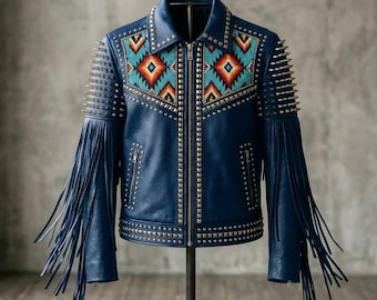 Veste en cuir faite main, patchwork de perles, clous, pointes, franges, streetwear punk motard
