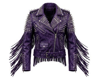 Studded Leather Fringe Biker Jacket, Punk Rock Moto Streetwear Coat