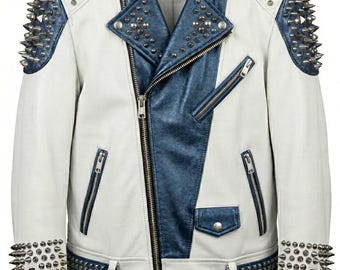 Two Tone Leather Biker Jacket, Studded Spiked Punk Moto Style