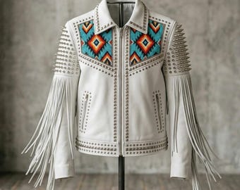 Veste en cuir faite main, patchwork de perles, clous, pointes, détails franges, streetwear motard