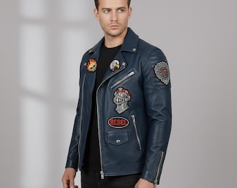 Navy Gothic Leather Jacket | Winged Skull & Flame Statement