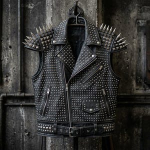 May include: Black leather vest with silver studs and spikes. The vest has a notched collar, a zip-up front, and pockets. The shoulders are decorated with large, pointed silver spikes. A belt with a buckle is at the waist.