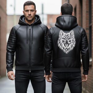 May include: Black leather jacket with a hood and a front zipper. The jacket has quilted detailing on the shoulders and a white wolf head design on the back. The model is wearing black jeans.