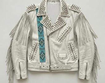 Blouson motard en cuir pour homme, clous, pointes, franges, patchwork de perles faites main