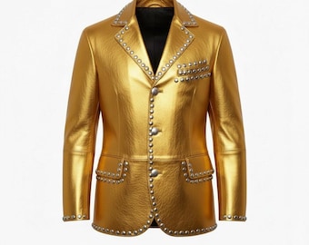 Handmade Men's Golden Leather Studded Blazer – Party Festival Coat