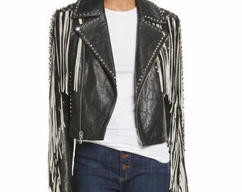 Hand-Studded Western Leather Biker Jacket – Fringe Rockstar Coat