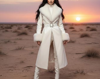 May include: A long, white coat with a fur collar and cuffs, paired with matching pants and boots. The coat features a belt and stud detailing. The background is a desert landscape with a sunset.