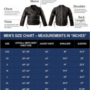 May include: A size chart for men's jackets, displaying measurements in inches. The chart includes chest, shoulder, and sleeve dimensions, with sizes ranging from XXS to 4XL. Diagrams illustrate how to measure chest, waist, sleeve, and shoulder.