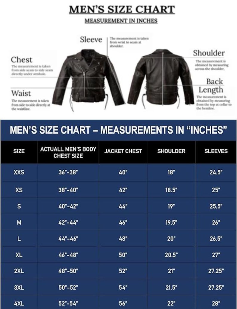 May include: A size chart for men's jackets, displaying measurements in inches. The chart includes chest, shoulder, and sleeve dimensions, with sizes ranging from XXS to 4XL. Diagrams illustrate how to measure chest, waist, sleeve, and shoulder.