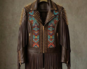 Veste homme en cuir avec empiècement perlé, clous, clous, franges, mode motard punk