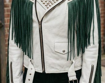 Two-Tone Leather Brando Jacket with Studs, Spikes, Fringe Accents