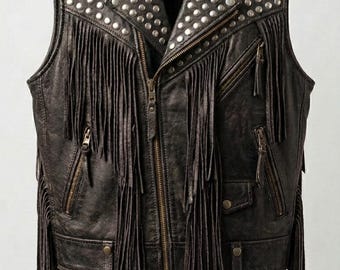 Women's Studded Leather Fringe Moto Vest, Punk Rock Streetwear Statement
