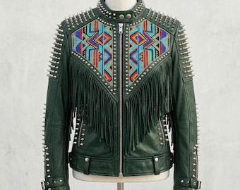 Veste en cuir perlée faite main pour homme, streetwear motard clouté à franges et à clous