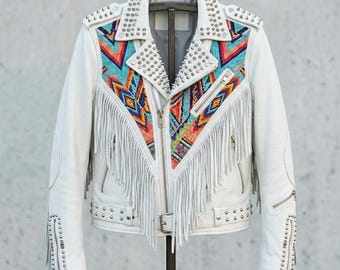 Blouson motard en cuir pour homme, Patchwork de perles fait main, Pointes cloutées, Franges, Manteau rock