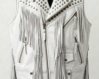 Women’s Leather Fringe Moto Vest, Punk Studded Rock Streetwear Statement