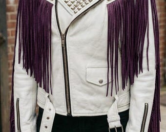 Two-Tone Leather Brando Jacket with Studs, Spikes, and Fringe Accents