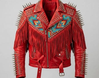 Veste en cuir pour homme, patchwork de perles faites main, style motard à pointes et franges