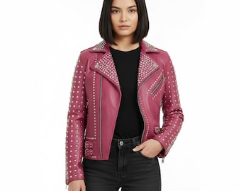 Women Magenta Leather Moto Jacket Studded Spiked - Punk Rock Back Graphic - Belted Silver Hardware