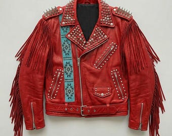 Blouson motard en cuir rouge, perles faites main, clous cloutés, franges