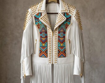Veste en cuir blanche, franges à clous et clous, streetwear motard style sud-ouest perlé
