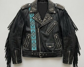 Blouson motard en cuir pour homme, clous, pointes, franges, patchwork de perles faites main