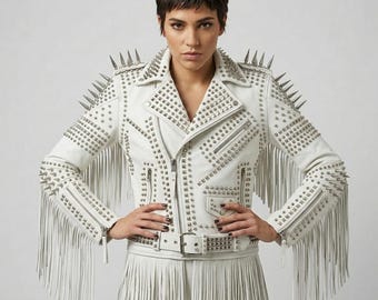 Women's Studded Leather Biker Jacket with Fringe, Punk Statement Style