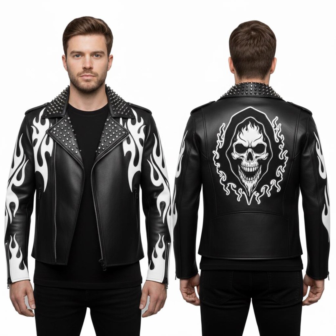 Custom Black Leather Rocker Jacket - Black Flame Sleeve Detail & Gothic ...
