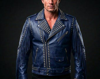 Men's Leather Fringe Biker Jacket with Studs, Punk Moto Streetwear Coat