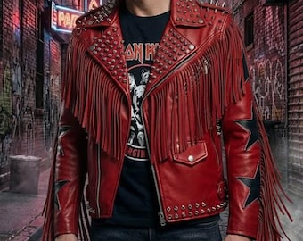Giacca da motociclista in pelle rossa da uomo – Capispalla da motociclista con frange borchiate
