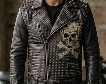 Chaqueta de cuero con tachuelas Brando Rockstar para hombre: estilo gótico, punk y motero, hecha a mano.