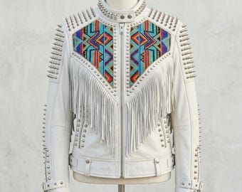Veste en cuir pour homme faite main, écusson perlé, clous, pointes, détails franges, streetwear motard