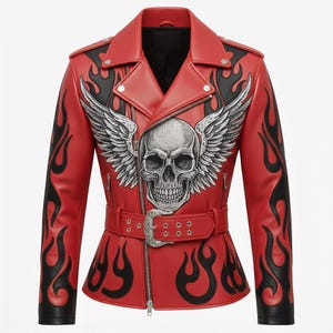 Puede incluir: Chaqueta de cuero roja con detalles de llamas negras y un motivo de calavera con alas. La chaqueta tiene una cintura con cinturón, cierre de cremallera y un diseño clásico de chaqueta motera.
