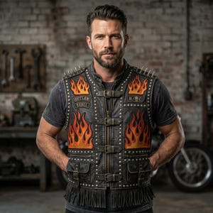 Chaleco de cuero para hombre estilo motero, prenda exterior punk con tachuelas y pinchos, parche bordado con diseño de llamas.