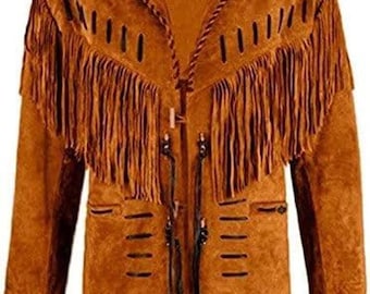 May include: A brown suede jacket with fringe detailing across the chest and sleeves. The jacket features decorative stitching and black accents on the shoulders and front closure. A classic western-inspired garment.
