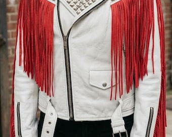 Women’s Two-Tone Leather Brando Jacket with Studs, Spikes, Fringe Accents