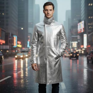 May include: A metallic silver trench coat with a high collar and asymmetrical zipper closure. The coat has a textured appearance and is worn in a city setting with wet streets and blurred background lights.