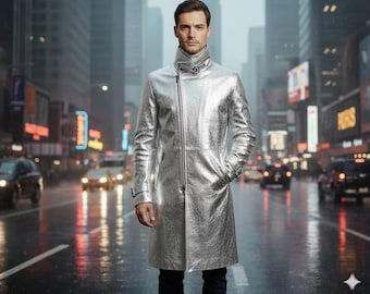 Gothic Style Men’s Silver metallic Leather Long Coat – Minimalist High Collar Jacket