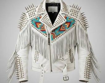 Veste en cuir pour homme, patchwork de perles faites main, style motard à pointes et franges