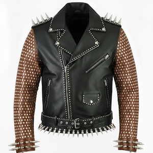 May include: Black leather jacket with brown studded sleeves, silver spikes on the collar, belt, and cuffs. Features a zipper closure and multiple pockets. A bold, edgy fashion statement.