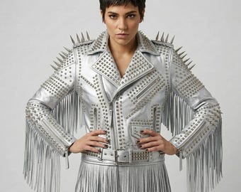 Studded Leather Biker Jacket with Fringe, Punk Rock Statement Style
