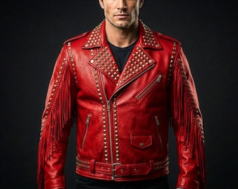 Men's Red Leather Studded Fringe Biker Jacket, Punk Moto Streetwear Coat