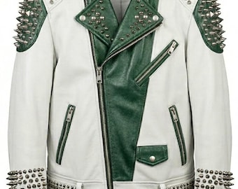 Two Tone Leather Biker Jacket, Studded Spiked Punk Moto Style